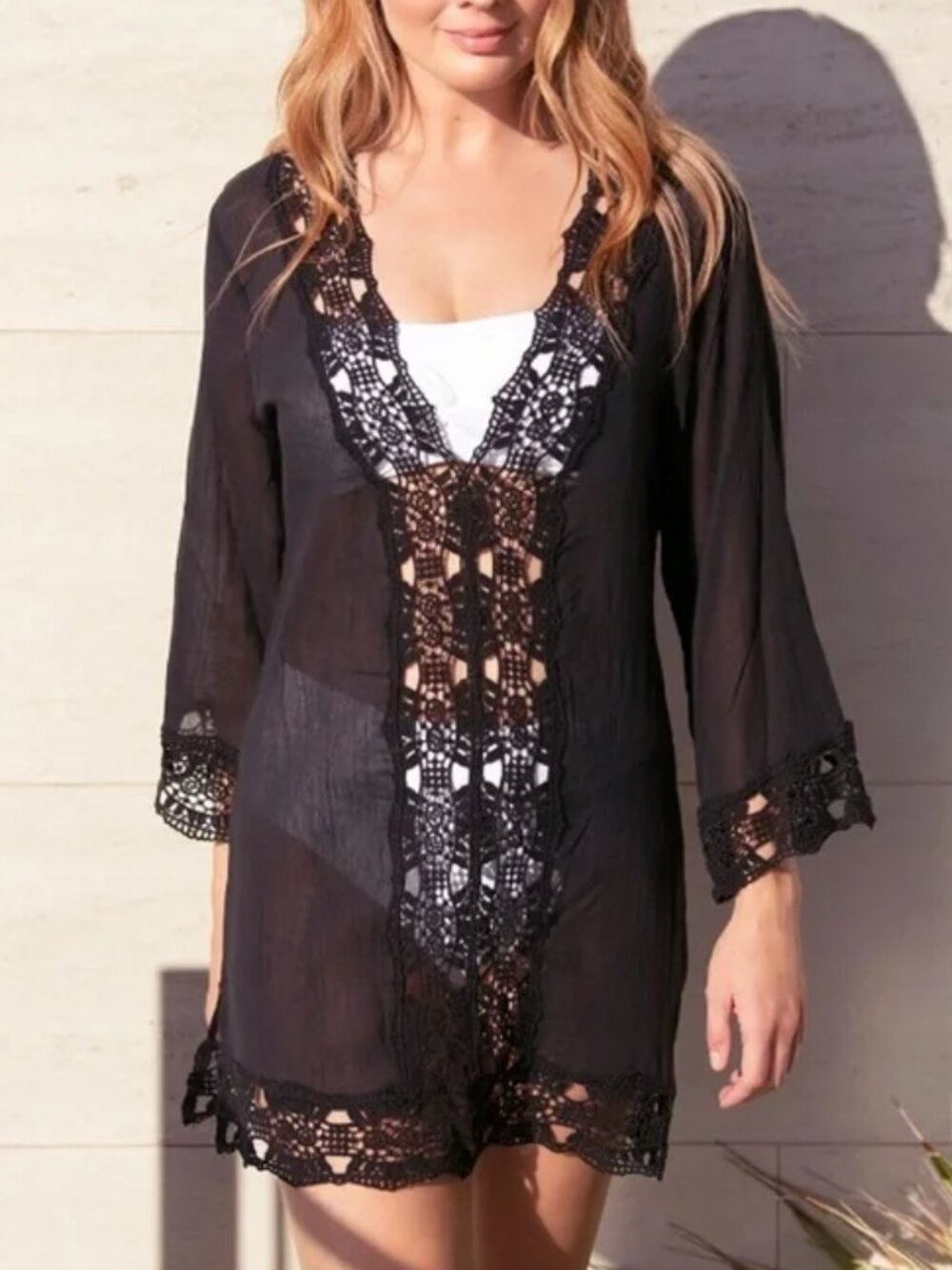 La Blanca Island Fare Black Lace Gauze Swim Cover-Up Tunic M